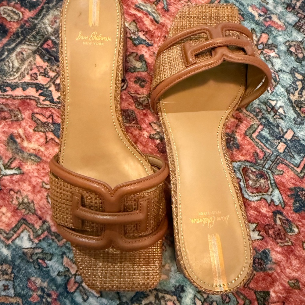 Woven Leather-Trim Block Heel Sandals - Tan - Picture 5 of 8